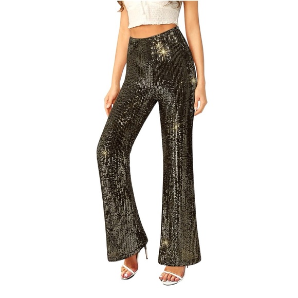 Black and Gold Sequin High Waisted Sparkly Wide leg Pants Wide Leg Pants. Med. - Picture 2 of 15